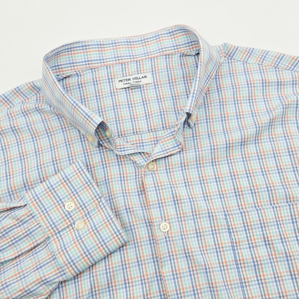 Peter Millar Summer Comfort Shirt Mens XXL Blue Orange Plaid Performance Stretch